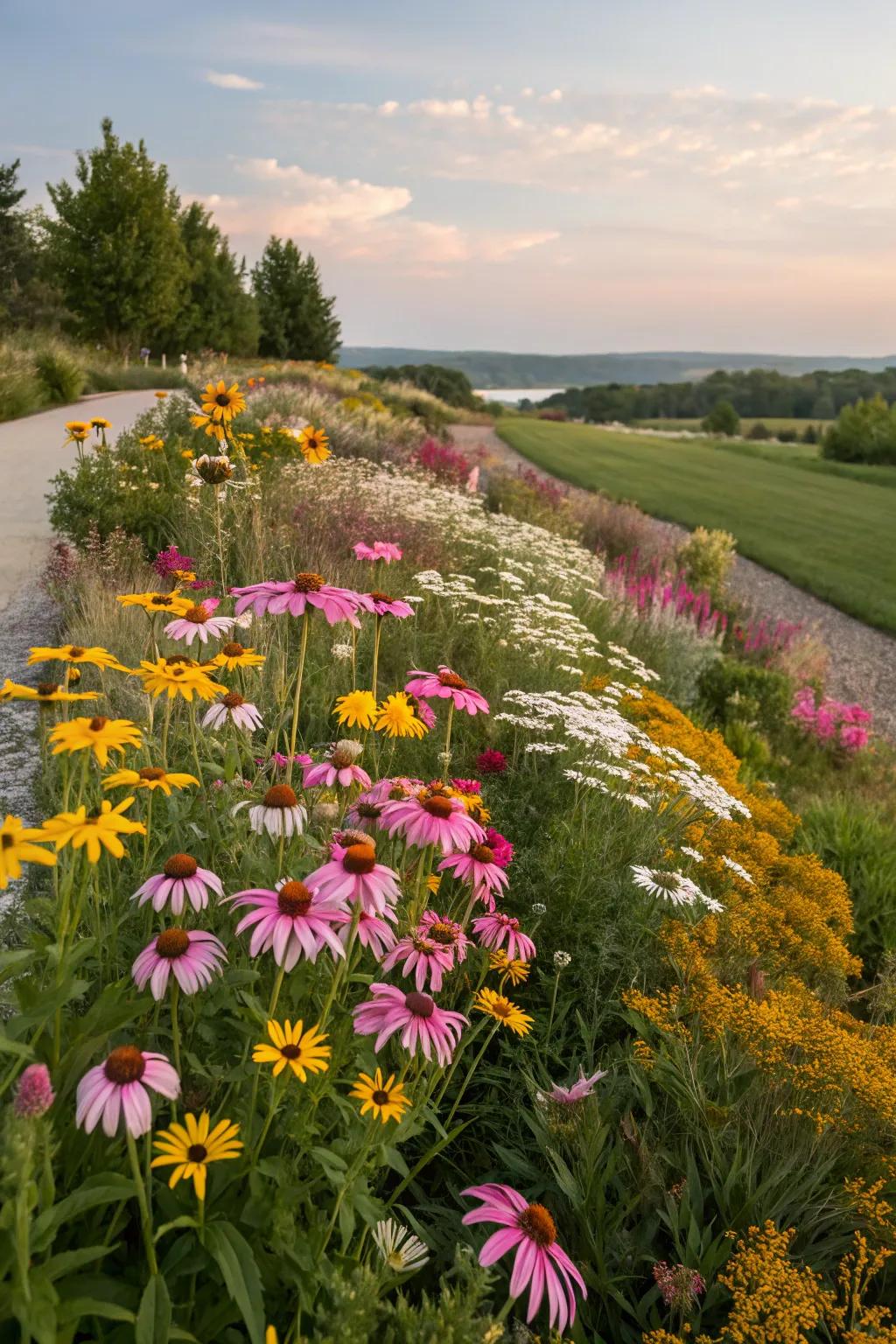 Vibrant perennials bring seasonal color to this beautifully landscaped berm.