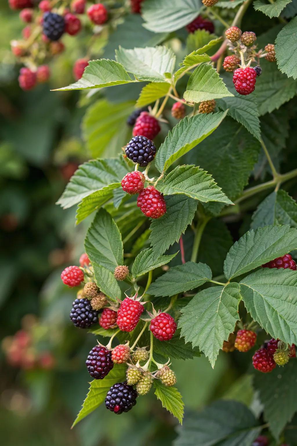 A close-up view of a berry bush teeming with plentiful, ripe berries.