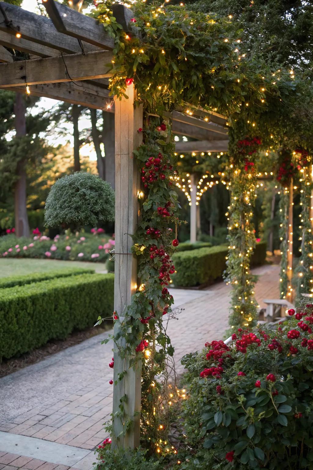 A trellis with twinkle lights adds a magical touch to evening gardens.