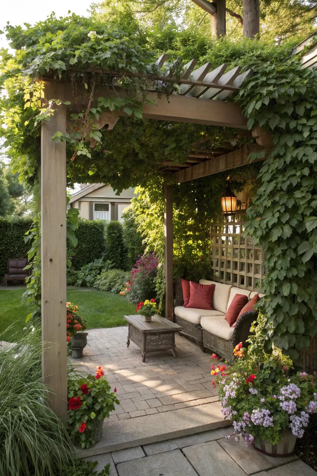 A pergola transforms a simple seating area into a shaded retreat.
