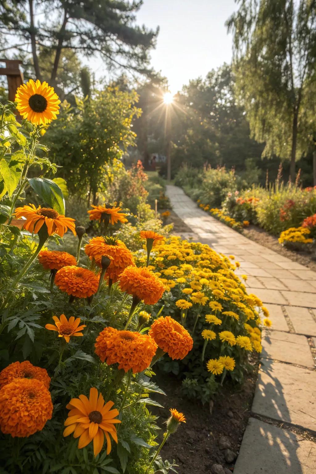 Cheerful and bright with orange and yellow flowers.
