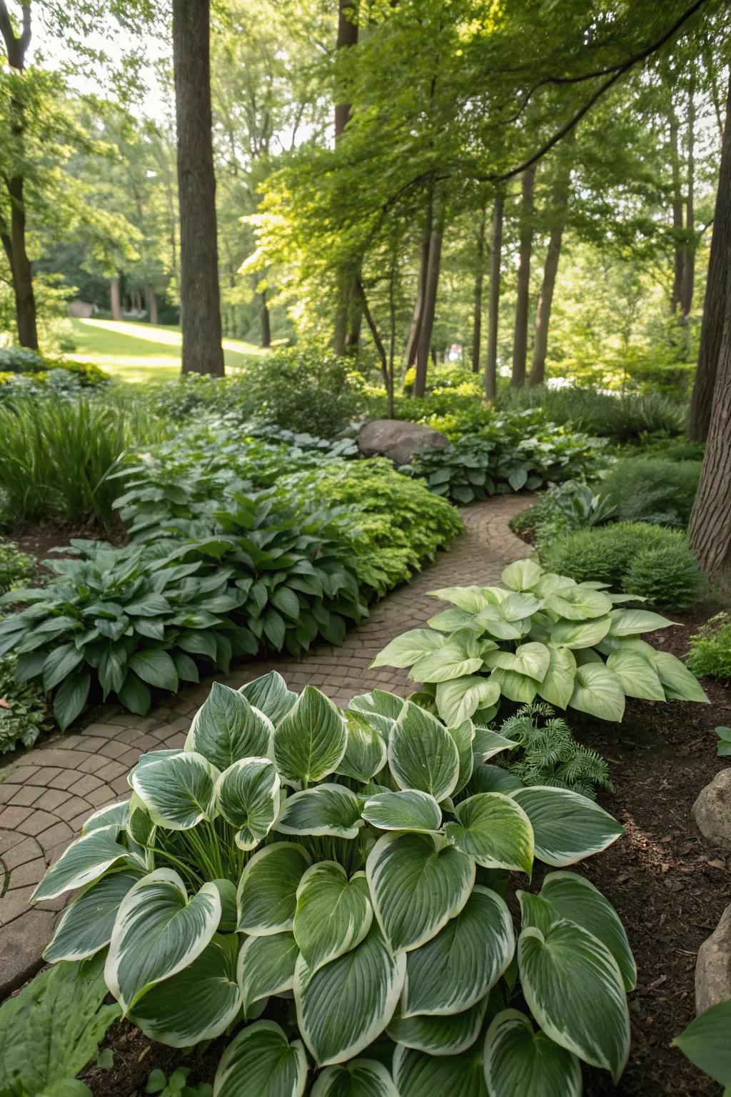 A tranquil Iowa garden corner, filled with lush hostas.
