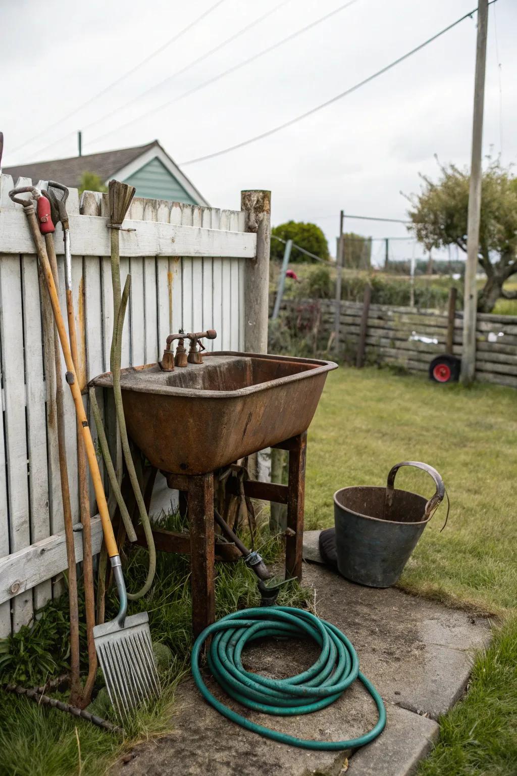 A simple garden hose can turn any vintage sink into a functional outdoor feature.
