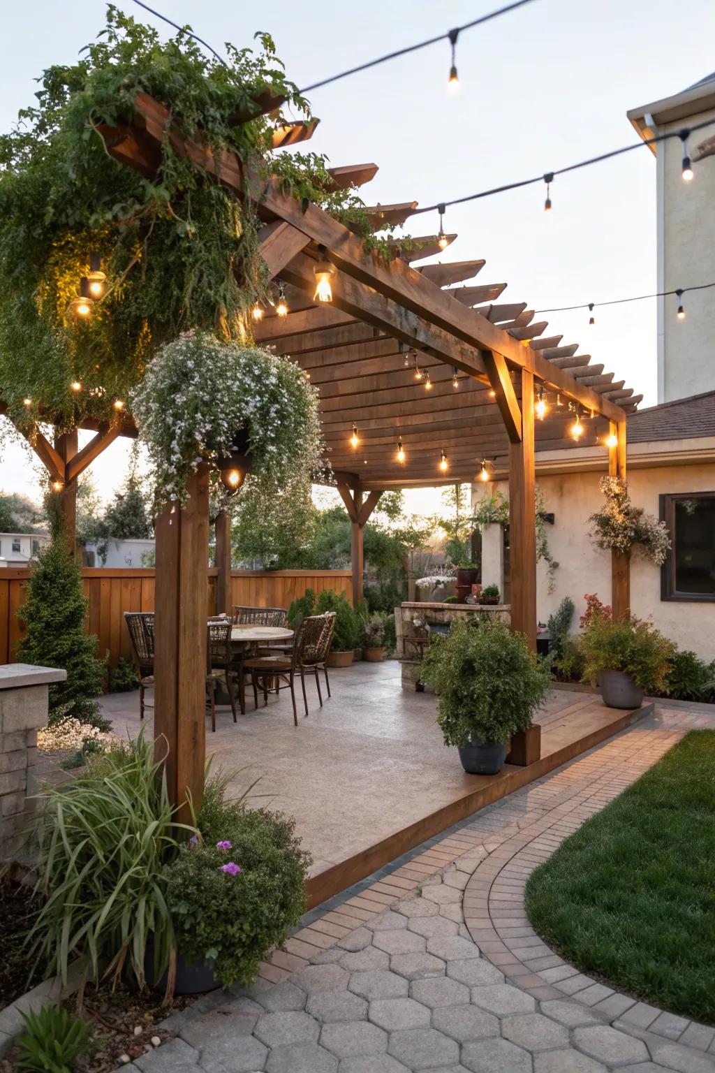 A charming pergola adds both style and shade to the patio