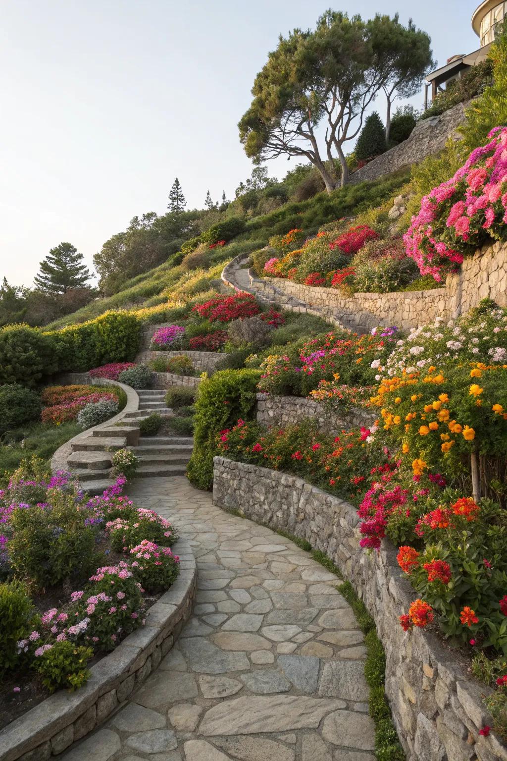 Terraced gardens add depth and vibrant color to sloped landscapes.