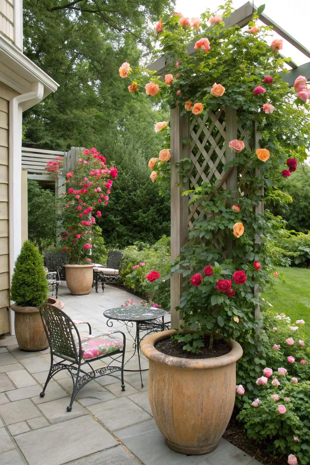 Climbing roses reaching for the sky on a sunny patio.
