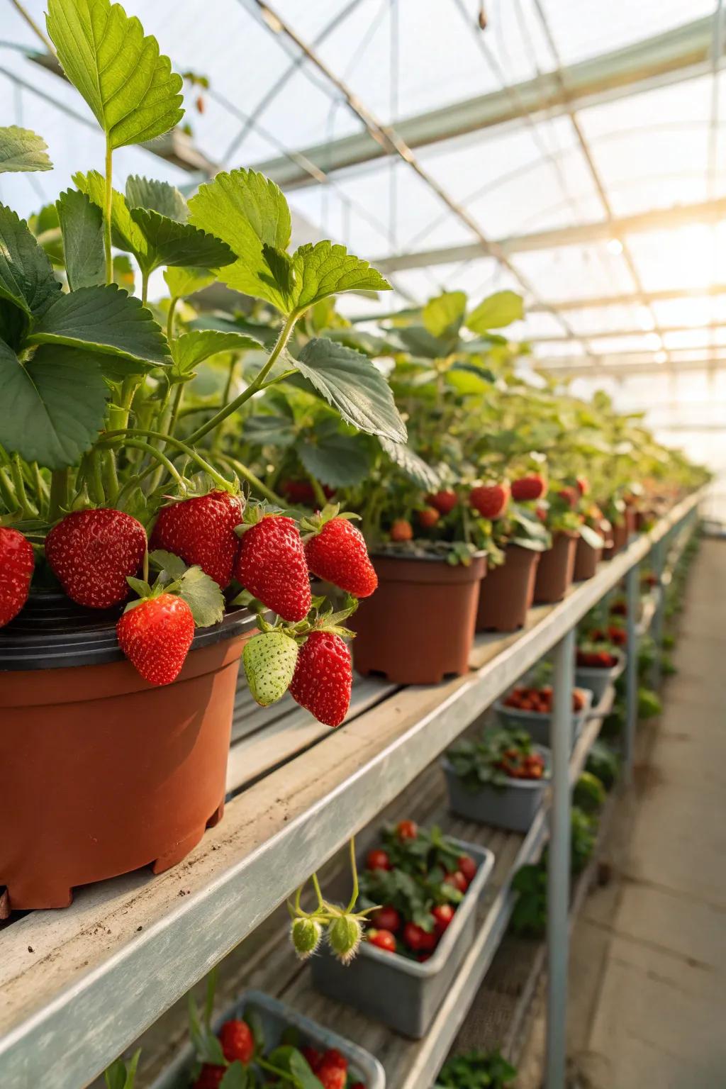 Sweet strawberries ready to be picked and savored, grown right in a greenhouse.