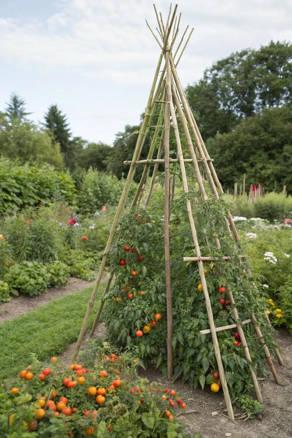 A bamboo teepee trellis offers natural beauty and support for your garden.