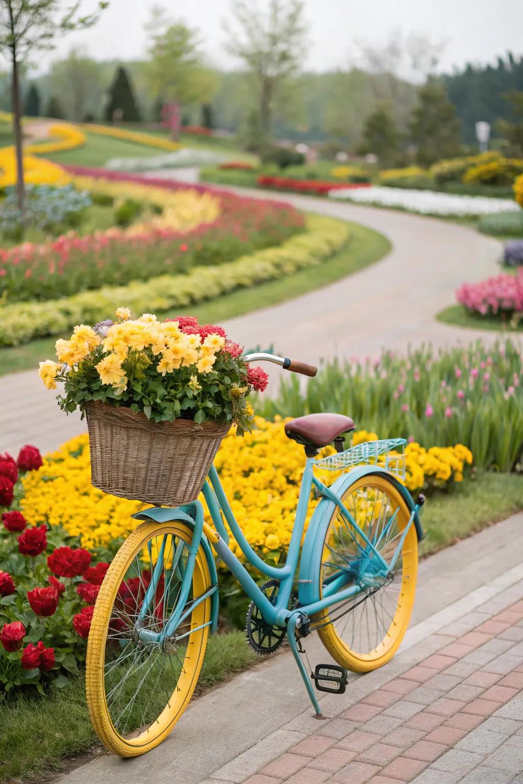 Make a bold statement with color-coordinated bicycle planters.