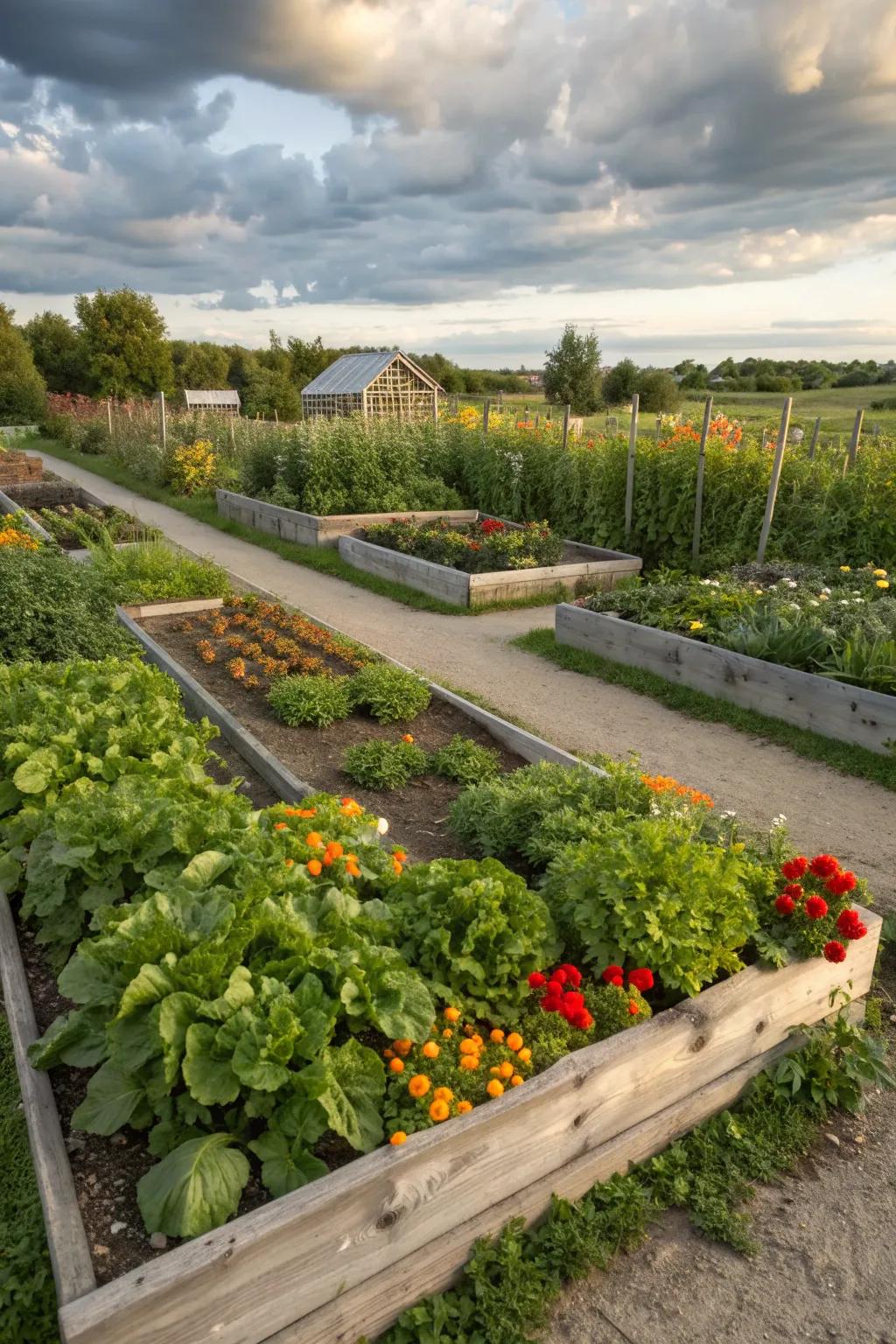 Raised garden beds filled with a variety of vegetables and flowers.