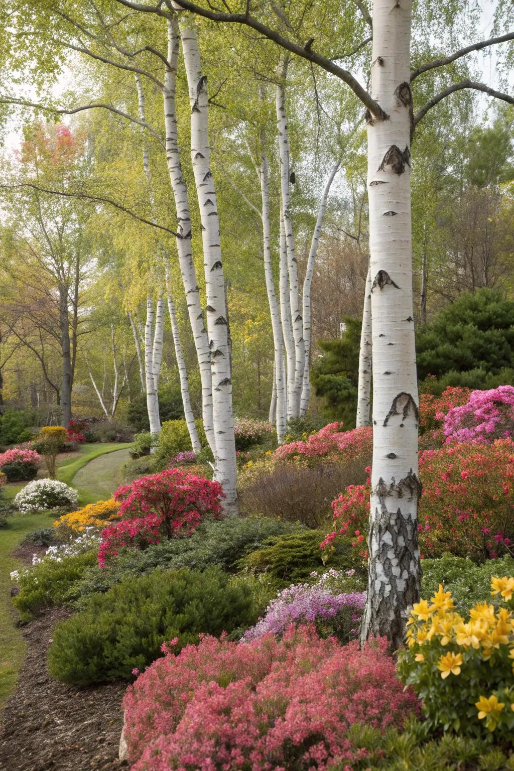 Mixed plantings around birch trees bring a garden to life.