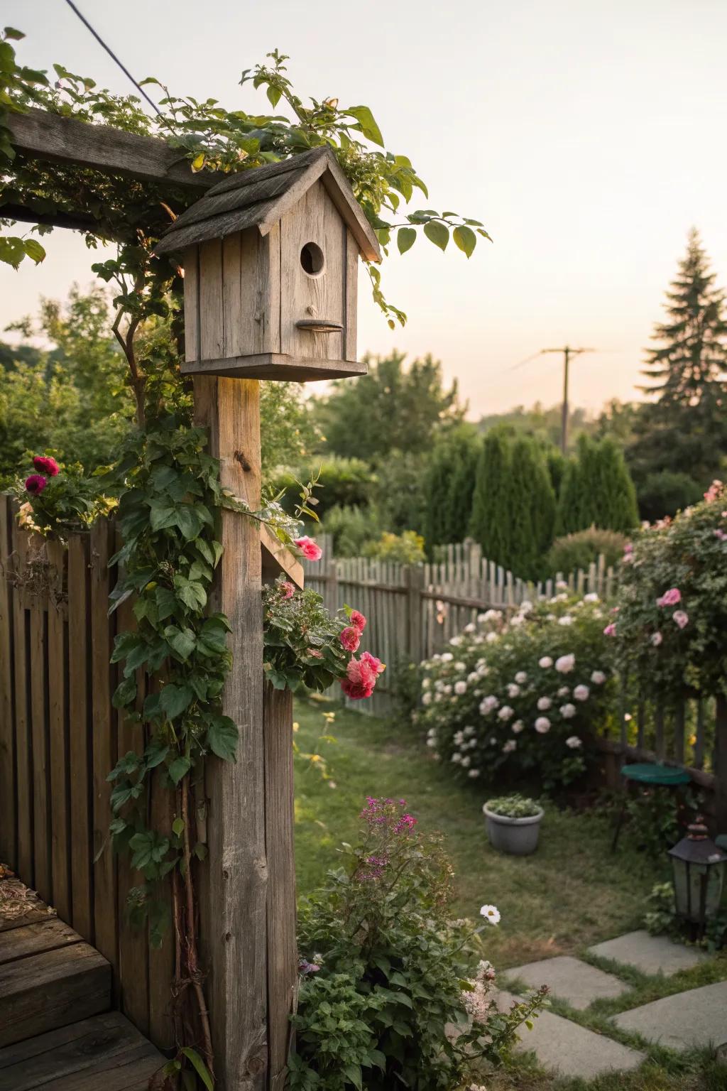 A fence-mounted birdhouse blends functionality with garden aesthetics.