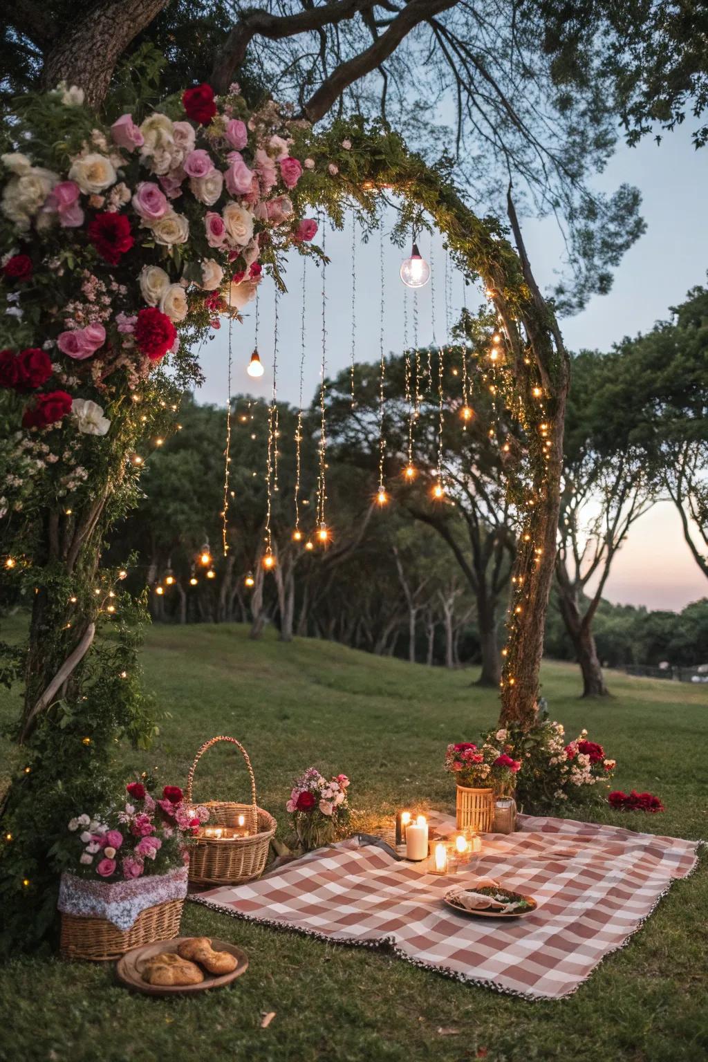 A fairy tale-themed picnic with floral garlands and twinkling lights creating an enchanting atmosphere.