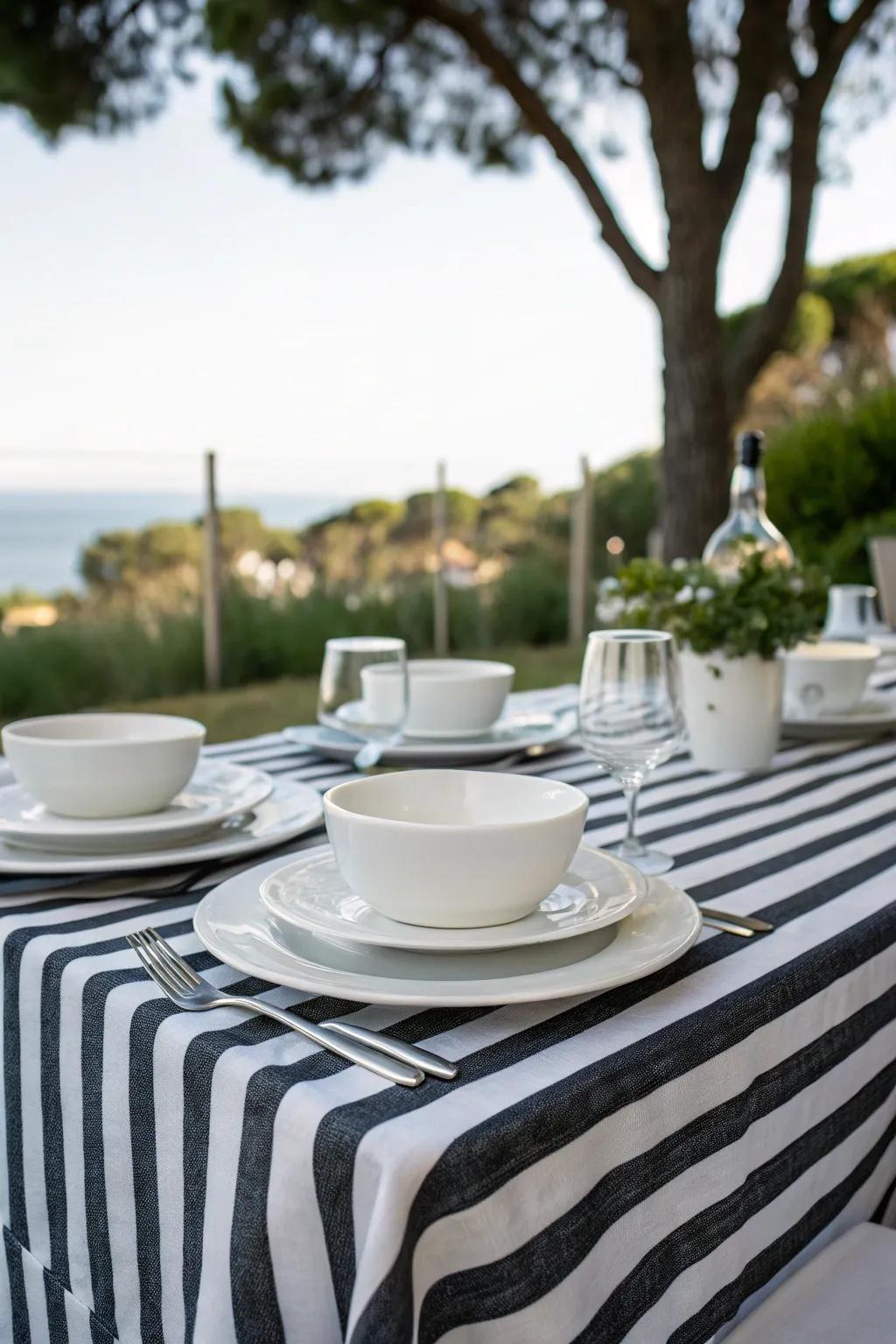 A stylish outdoor dining area featuring a black and white striped tablecloth.