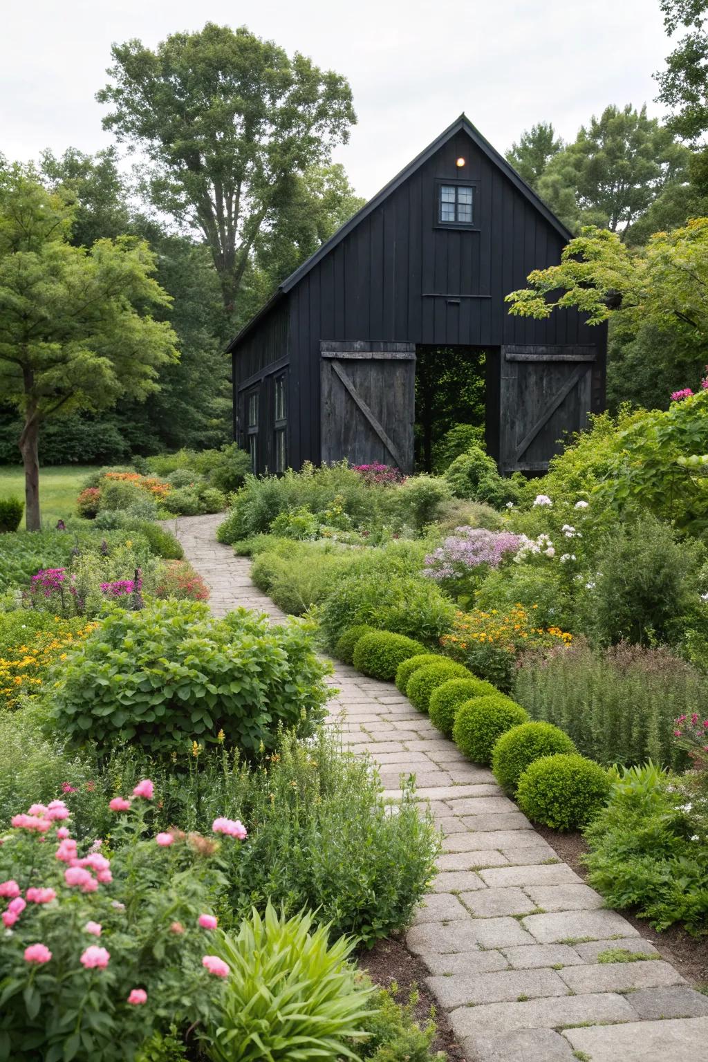 A black barn beautifully integrated with lush garden landscaping.