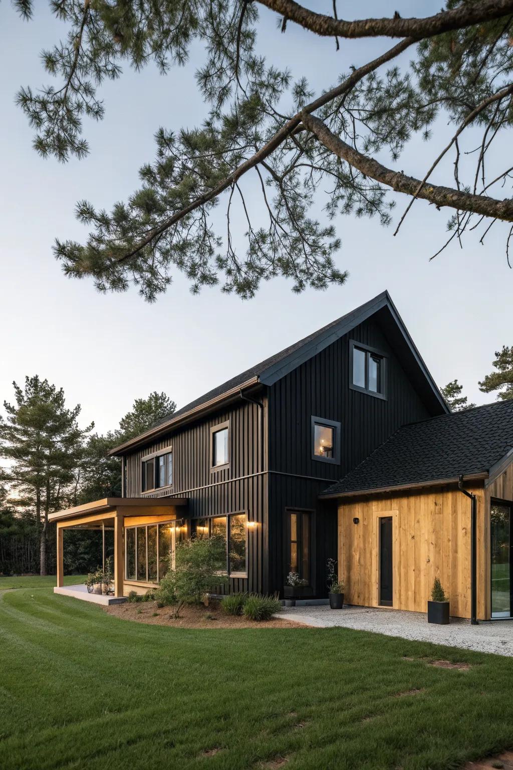 Black exterior contrasted with natural wood accents.