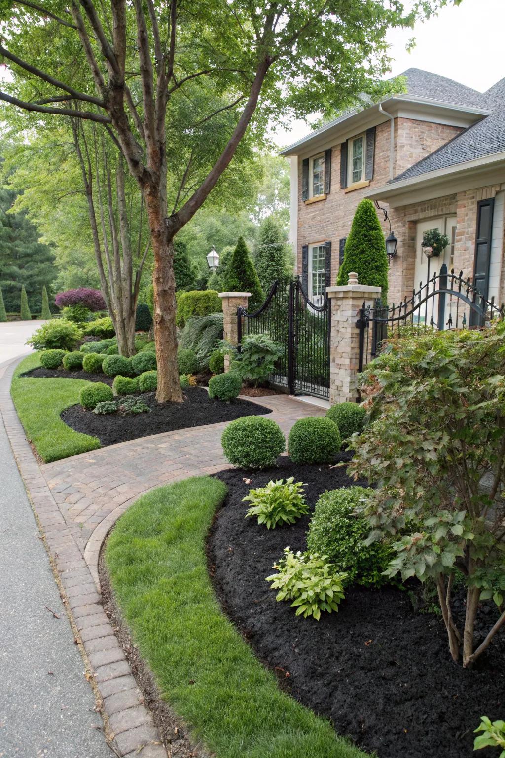 Front yard elegance with black mulch around trees and shrubs.