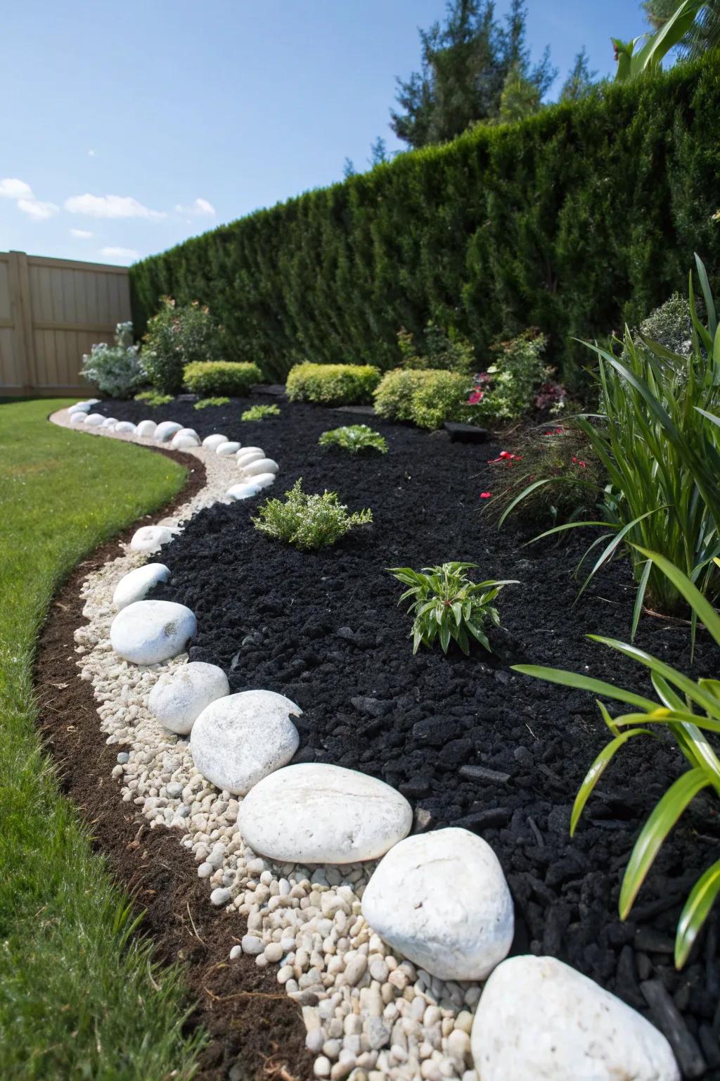 Striking contrast with black mulch and decorative stones.