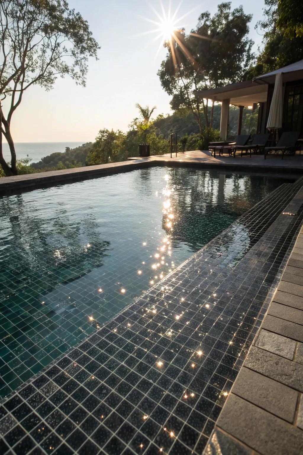 Glass mosaics create a sparkling, reflective pool surface.