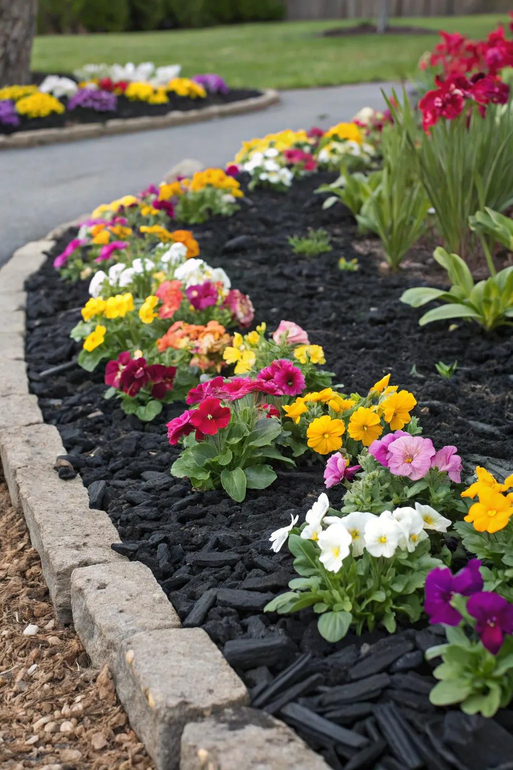 Vibrant flower bed highlighted by black rubber mulch.