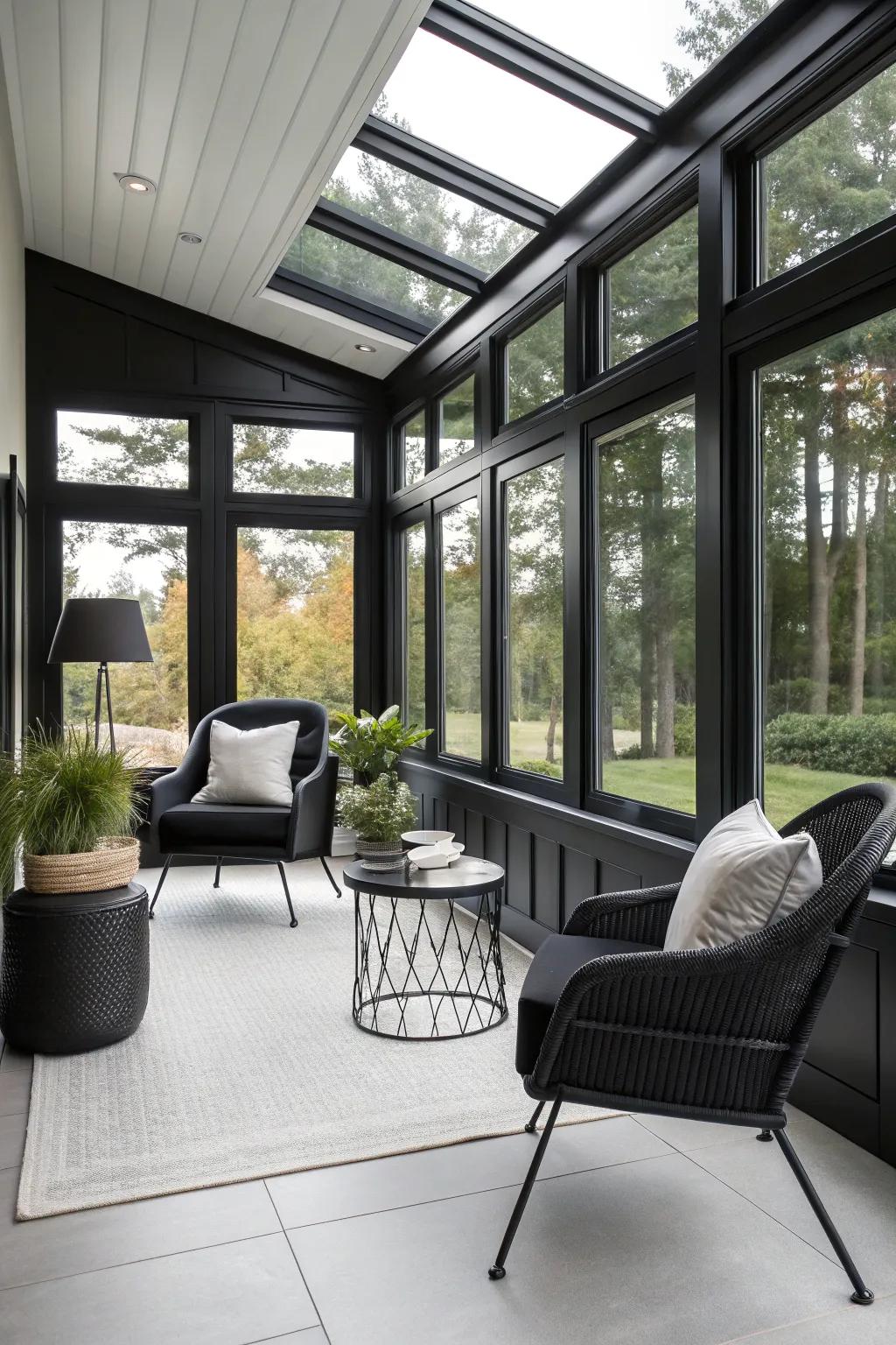 Simplicity reigns in a black sunroom with a minimalist modern aesthetic.