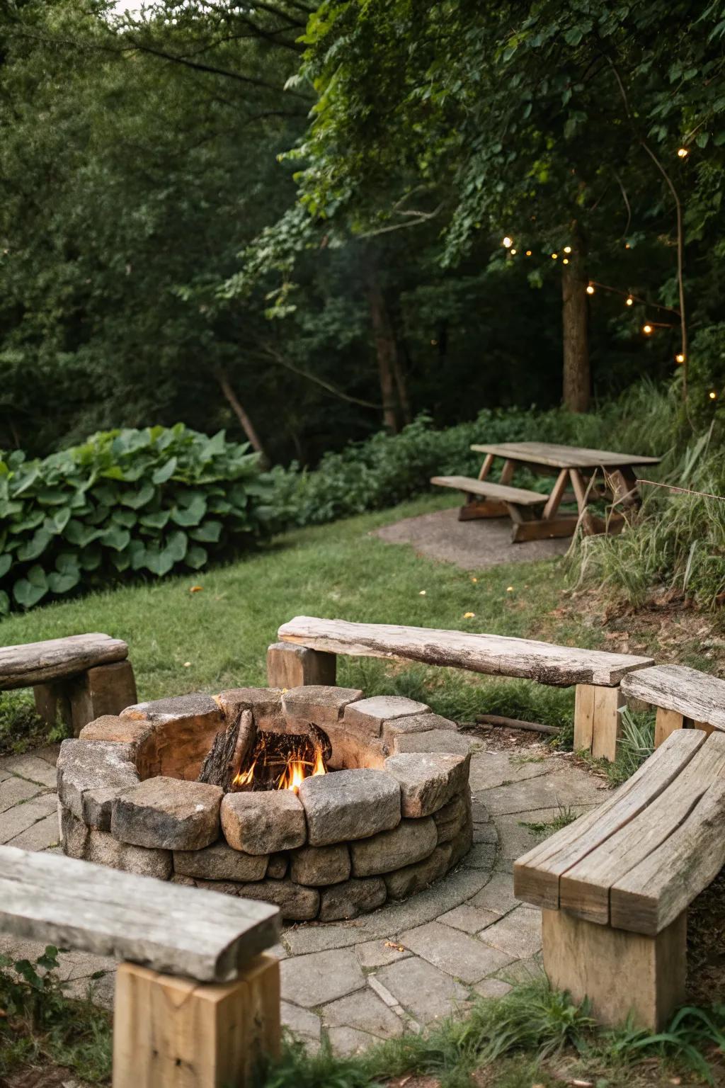 Rustic stone block fire pit for a warm, inviting backyard.