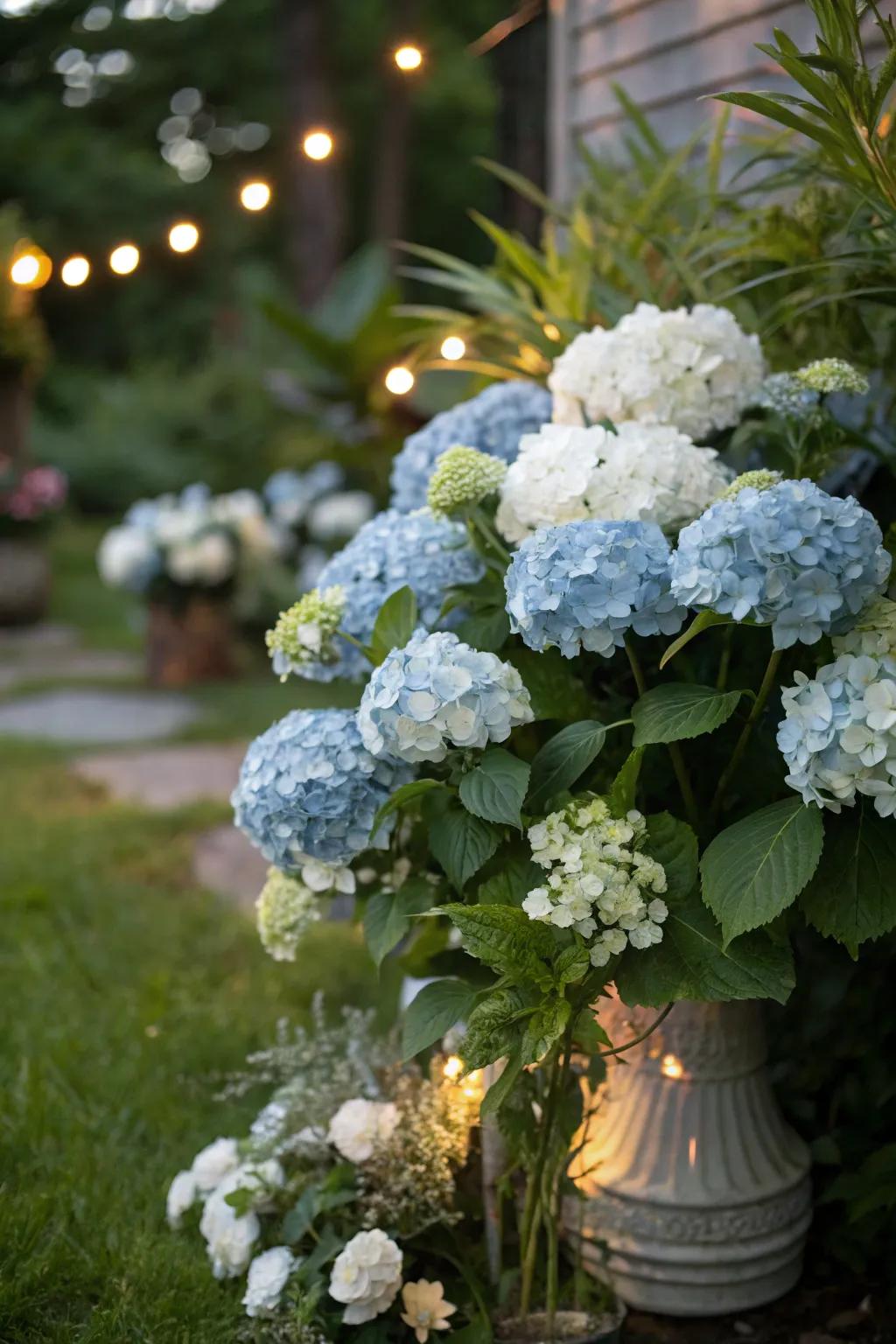 Elegant blue and white hydrangea arrangement