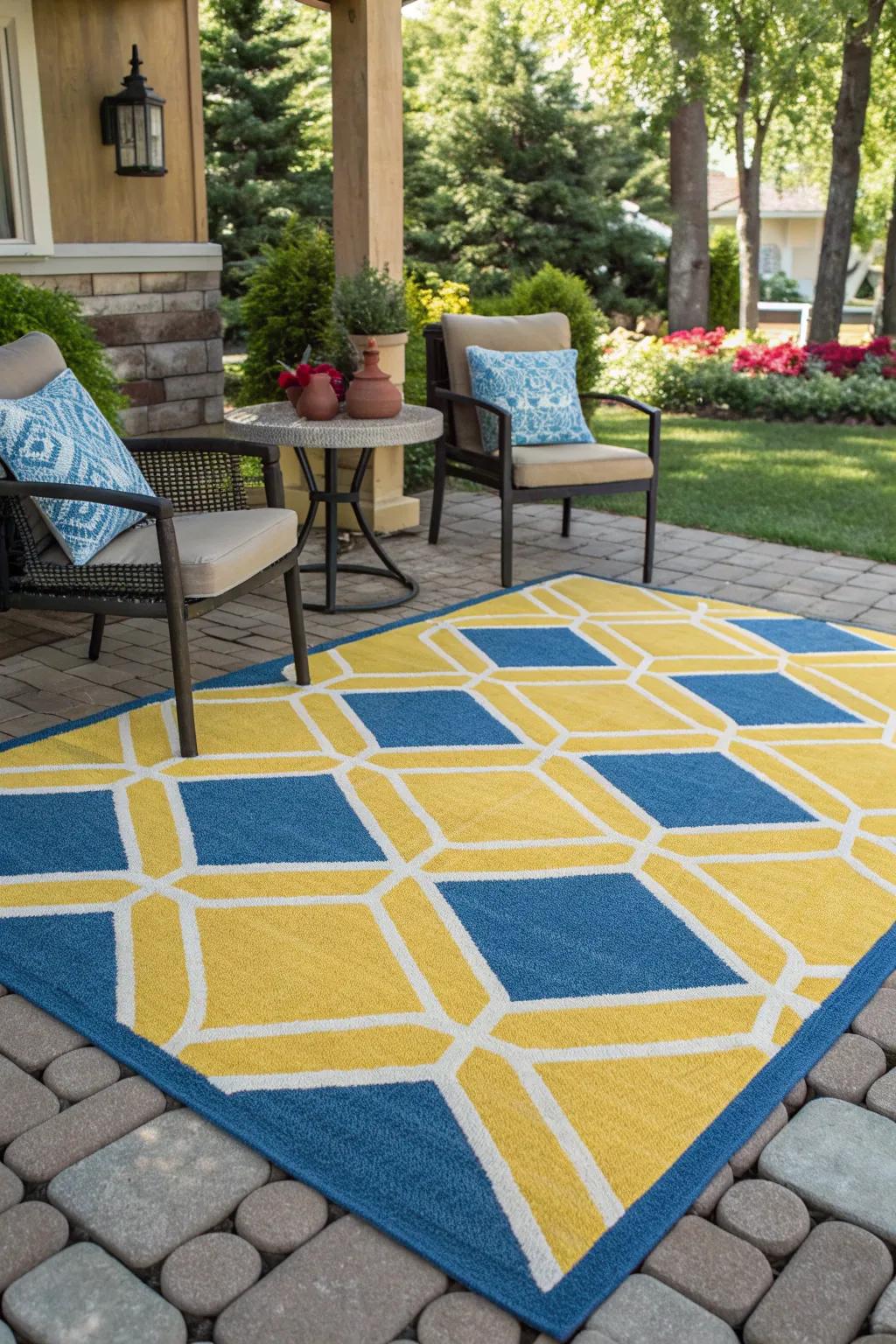 A patterned rug to tie your blue and yellow theme together.