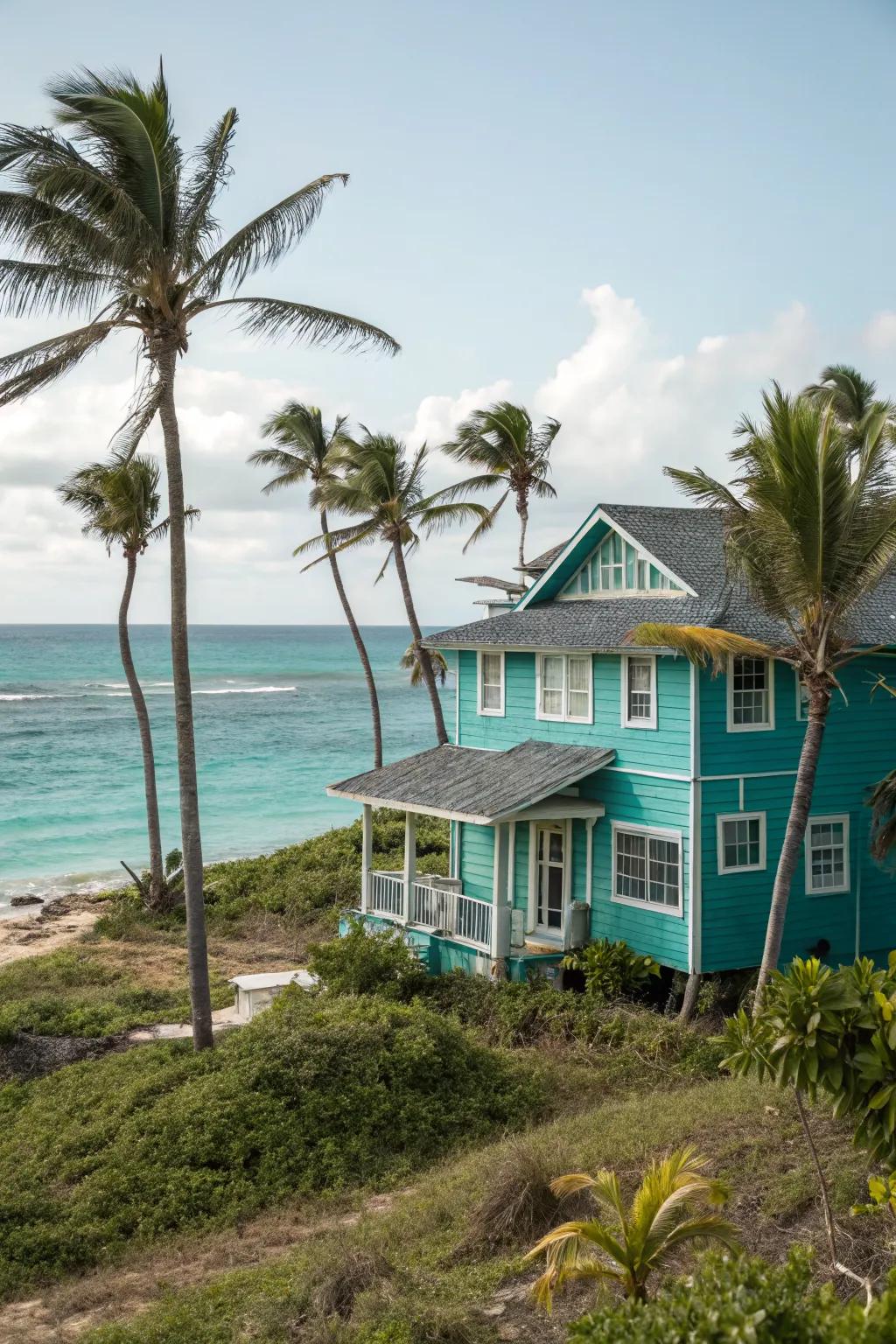 A beach house that embraces its coastal surroundings with teal hues.