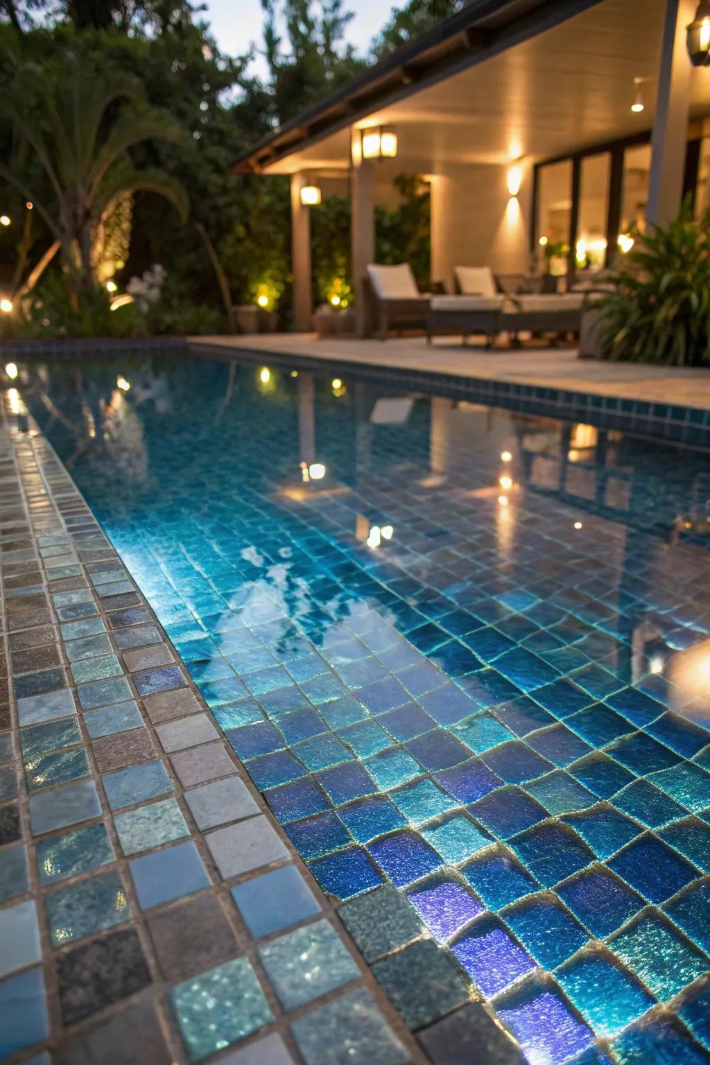 Iridescent tiles add a magical glow to your pool.