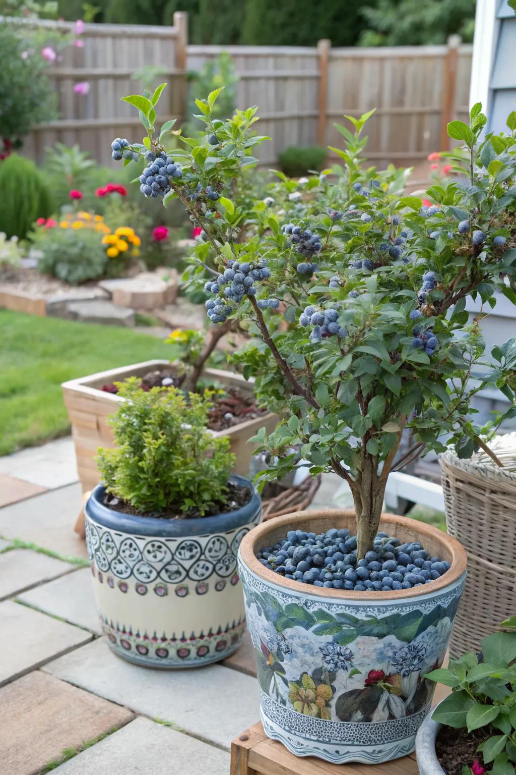 Blueberries thriving in stylish containers on a cozy patio.