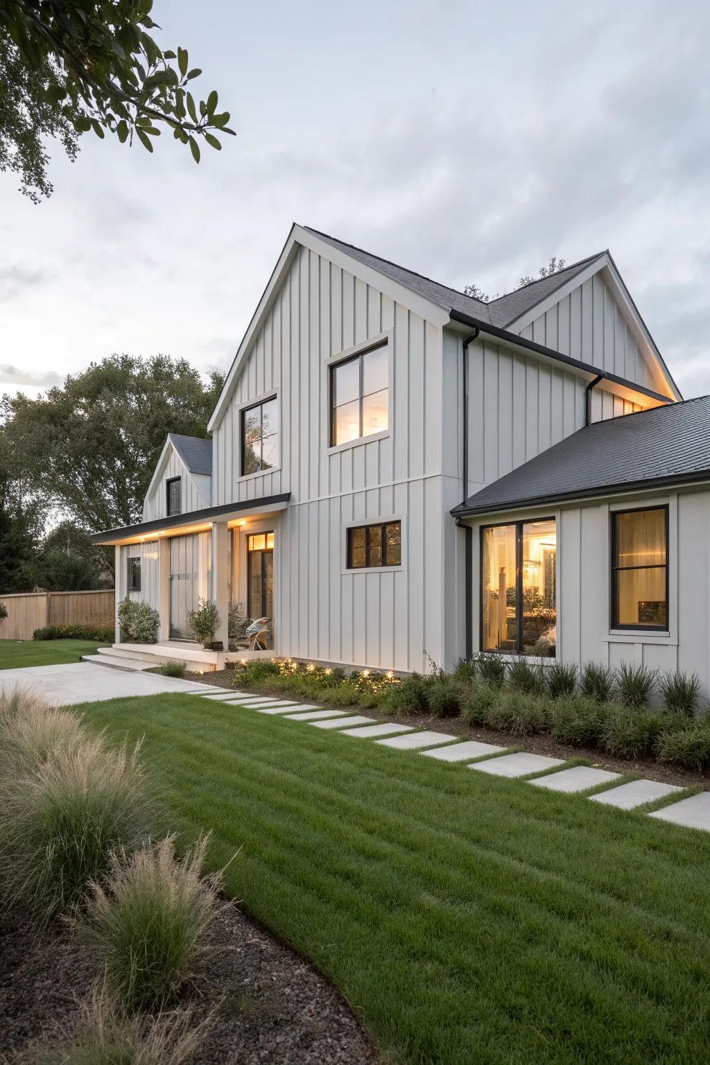Soft gray siding for a modern and elegant touch.