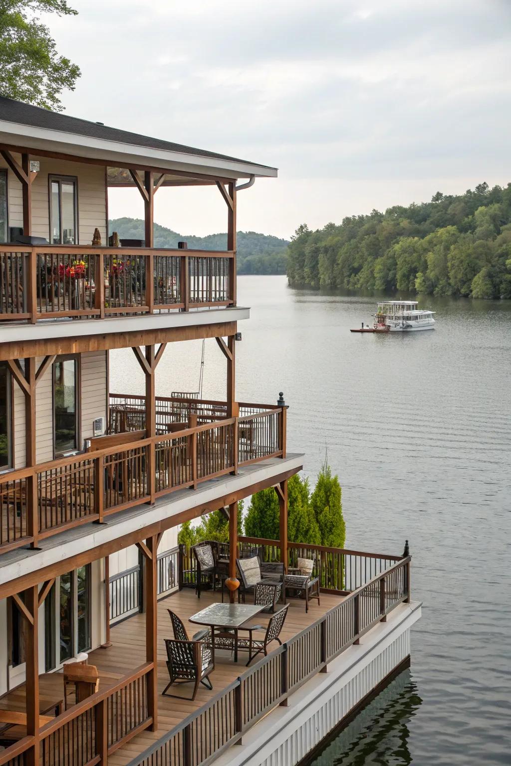 A boat house with multi-level decks perfect for entertaining.