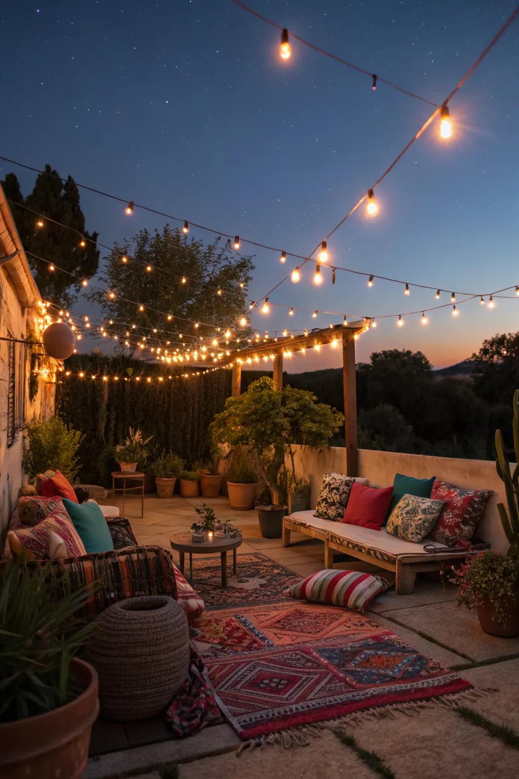 String lights add a warm, ambient glow to your bohemian patio.
