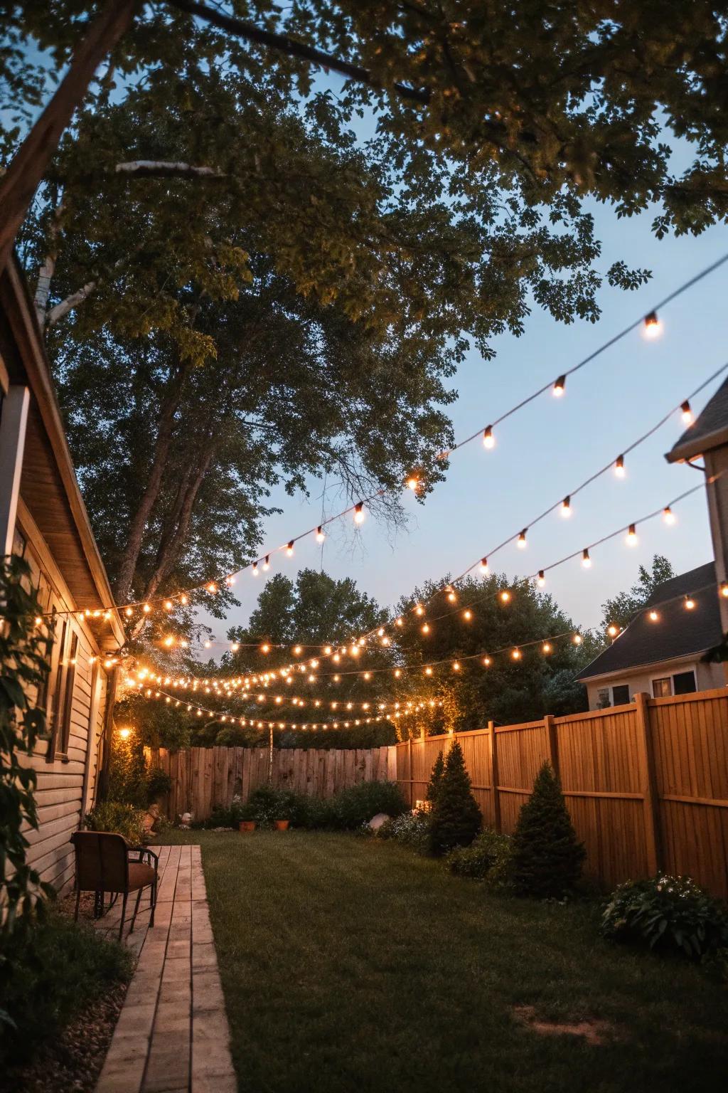 String lights transform your backyard into a magical evening retreat.