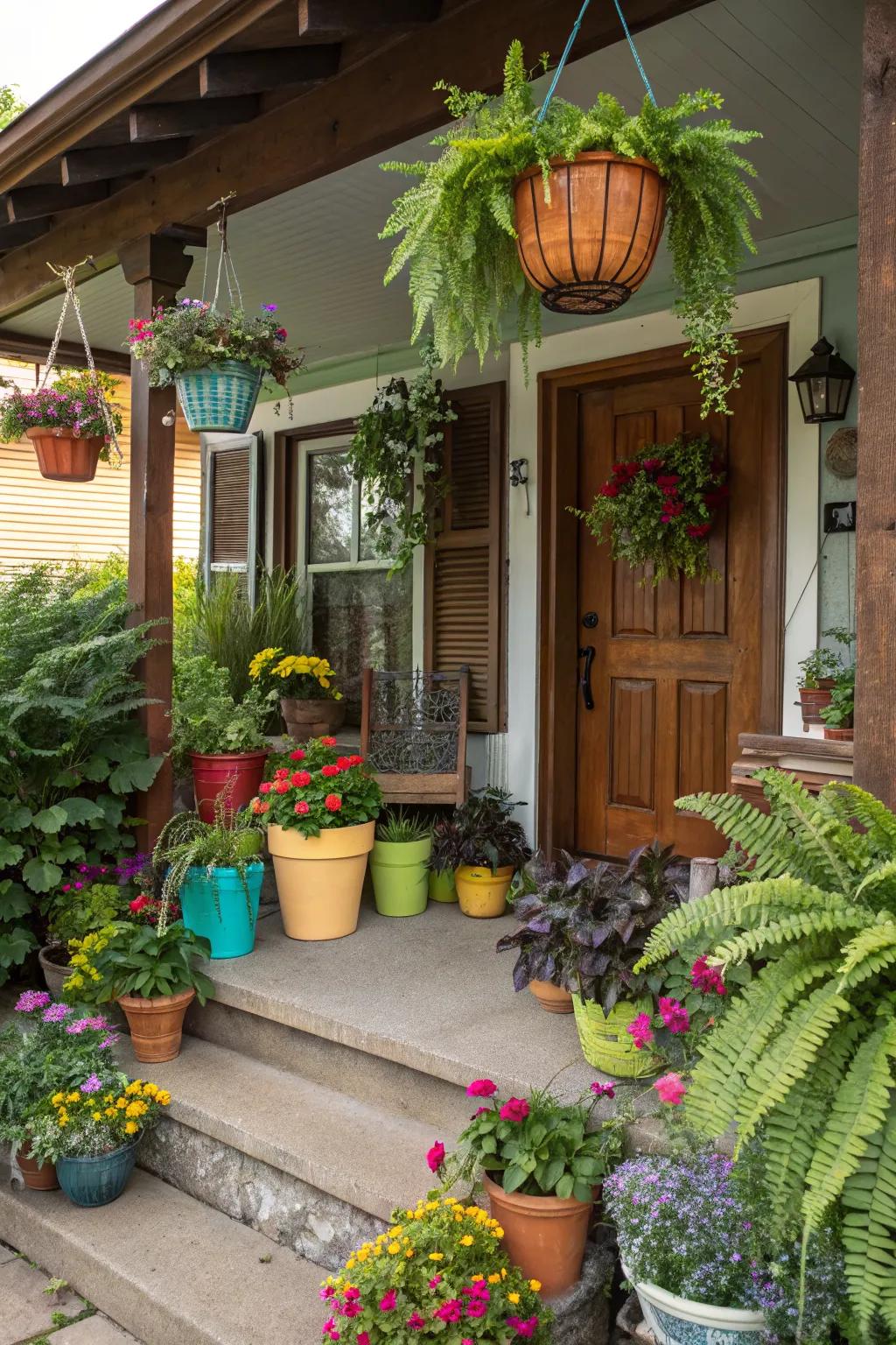 Transform your porch into a green paradise with various potted plants.
