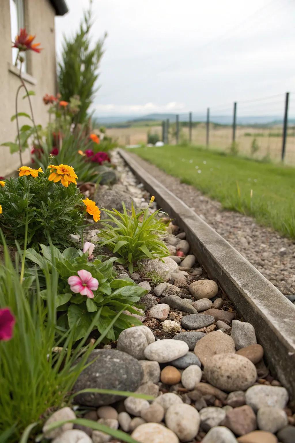 Stones and pebbles create a defined and elegant border.
