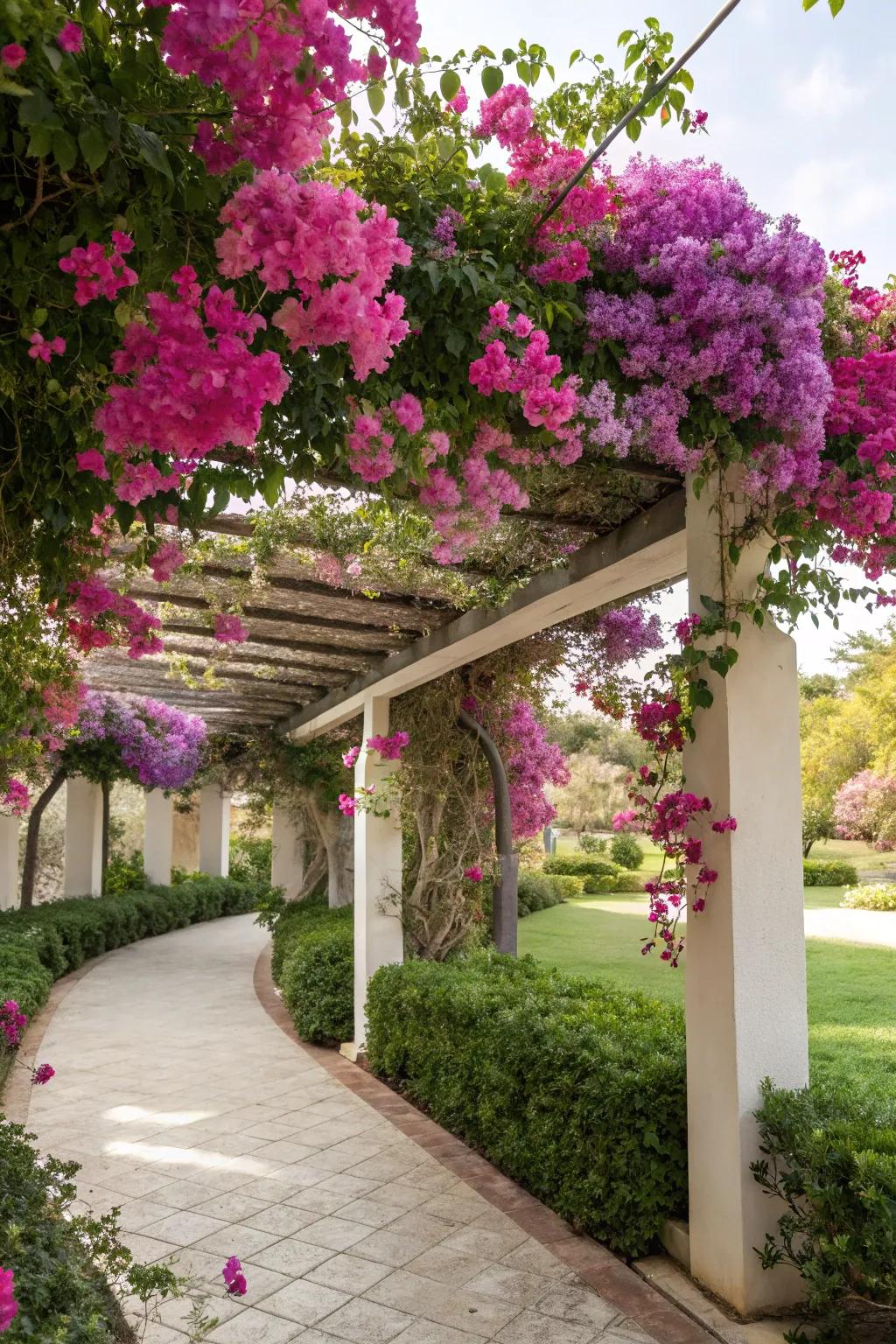 A bougainvillea-draped pergola offers shade and beauty.