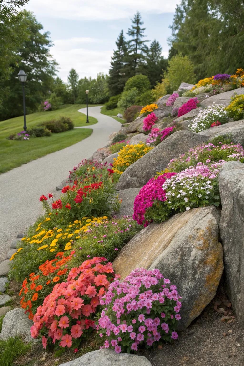 Contrast boulders with vibrant flowers for a lively garden scene.