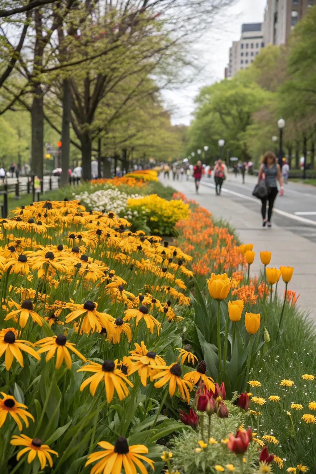 A vibrant display of black-eyed Susans and spring bulbs.