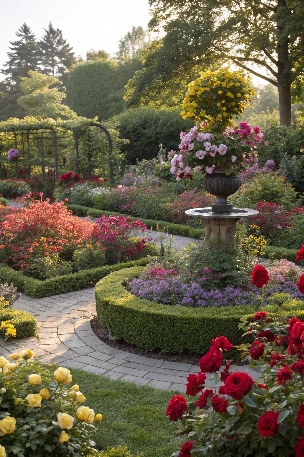 Boxwoods used as focal points in a colorful garden.