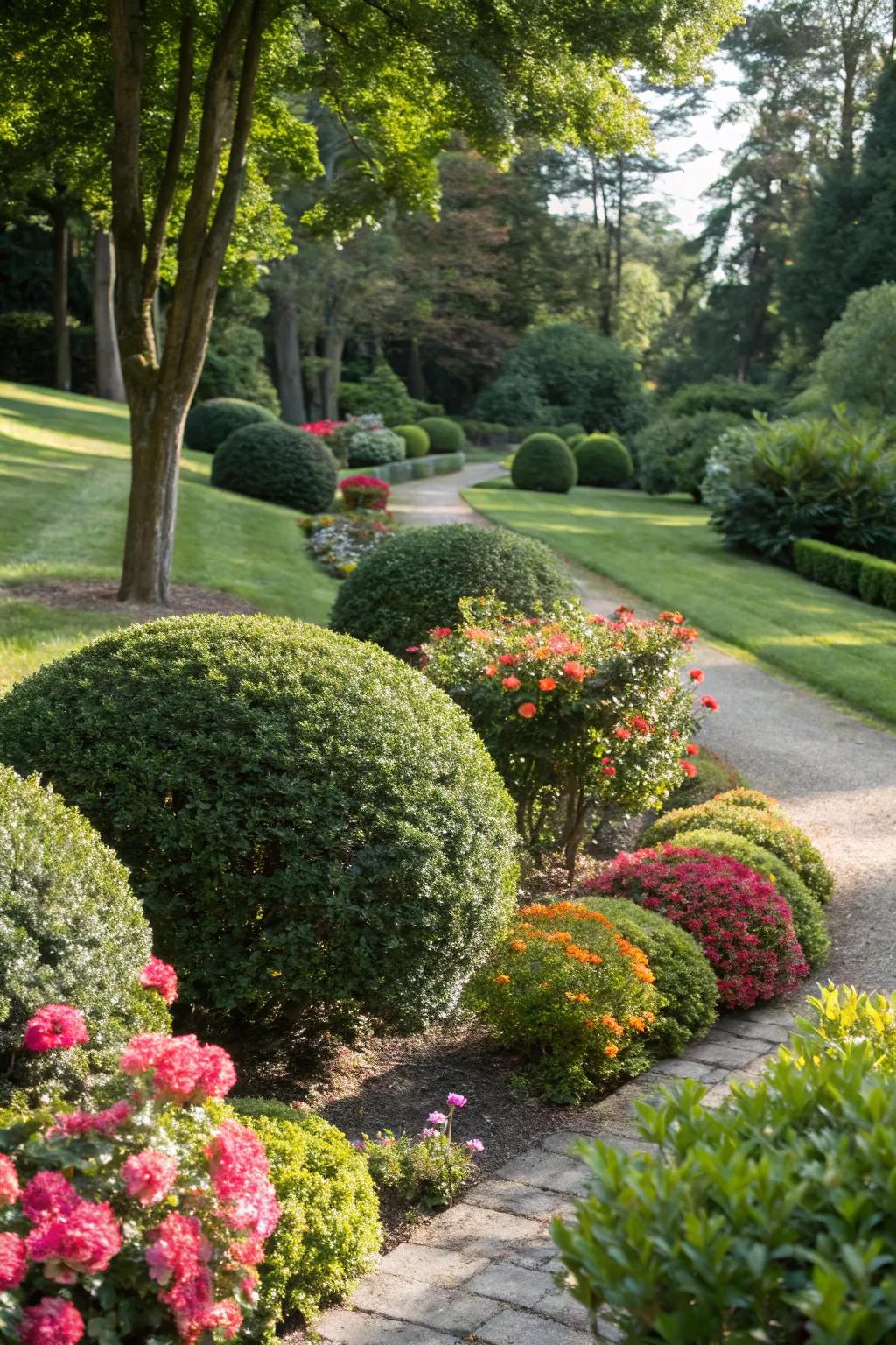 Mix boxwoods with colorful flowers for vibrant contrasts.