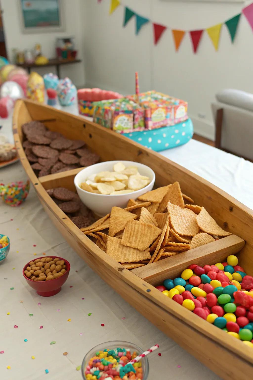 A DIY canoe snack holder filled with party treats.