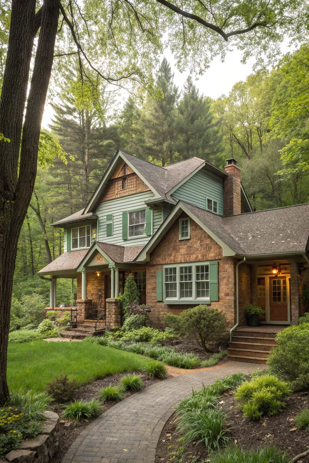 Warm brown brick with earthy siding for a cozy, natural feel.