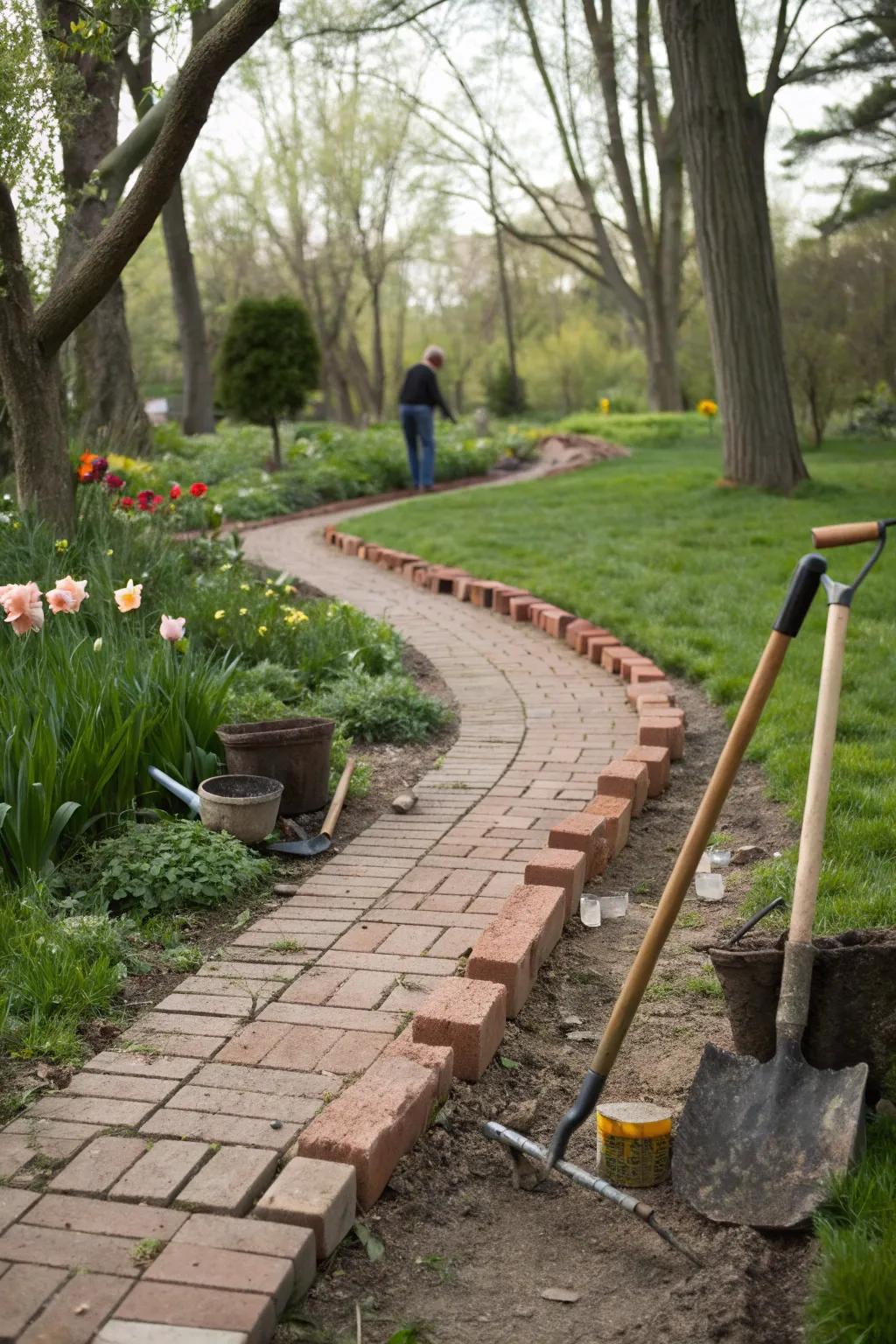 DIY brick edging adds a personal touch to garden paths.