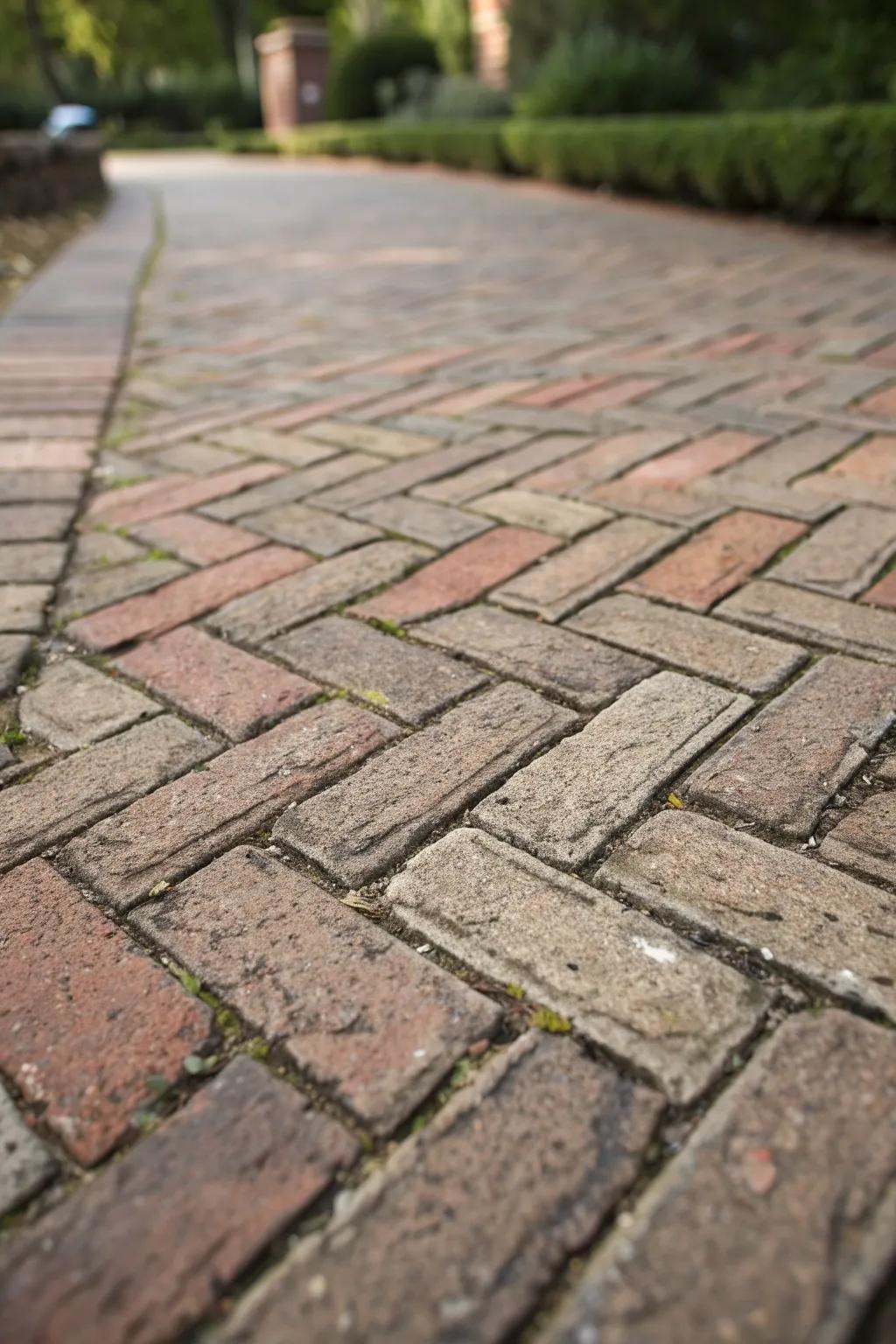 Intricate herringbone pattern on a brick driveway surface.