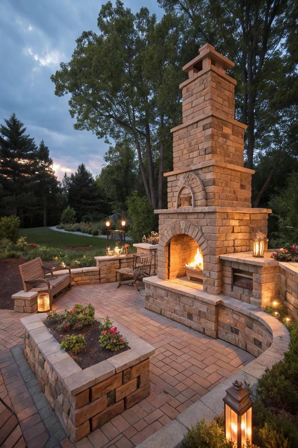 Ignite conversations with a stunning multi-level brick fire pit, where craftsmanship meets outdoor elegance.
