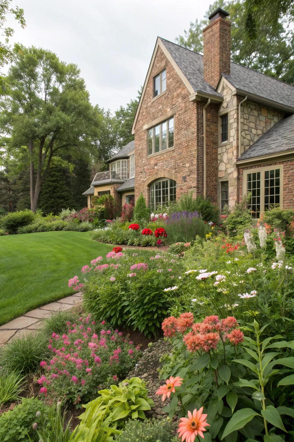 A harmonious blend of brick and stone creates a luxurious home exterior.