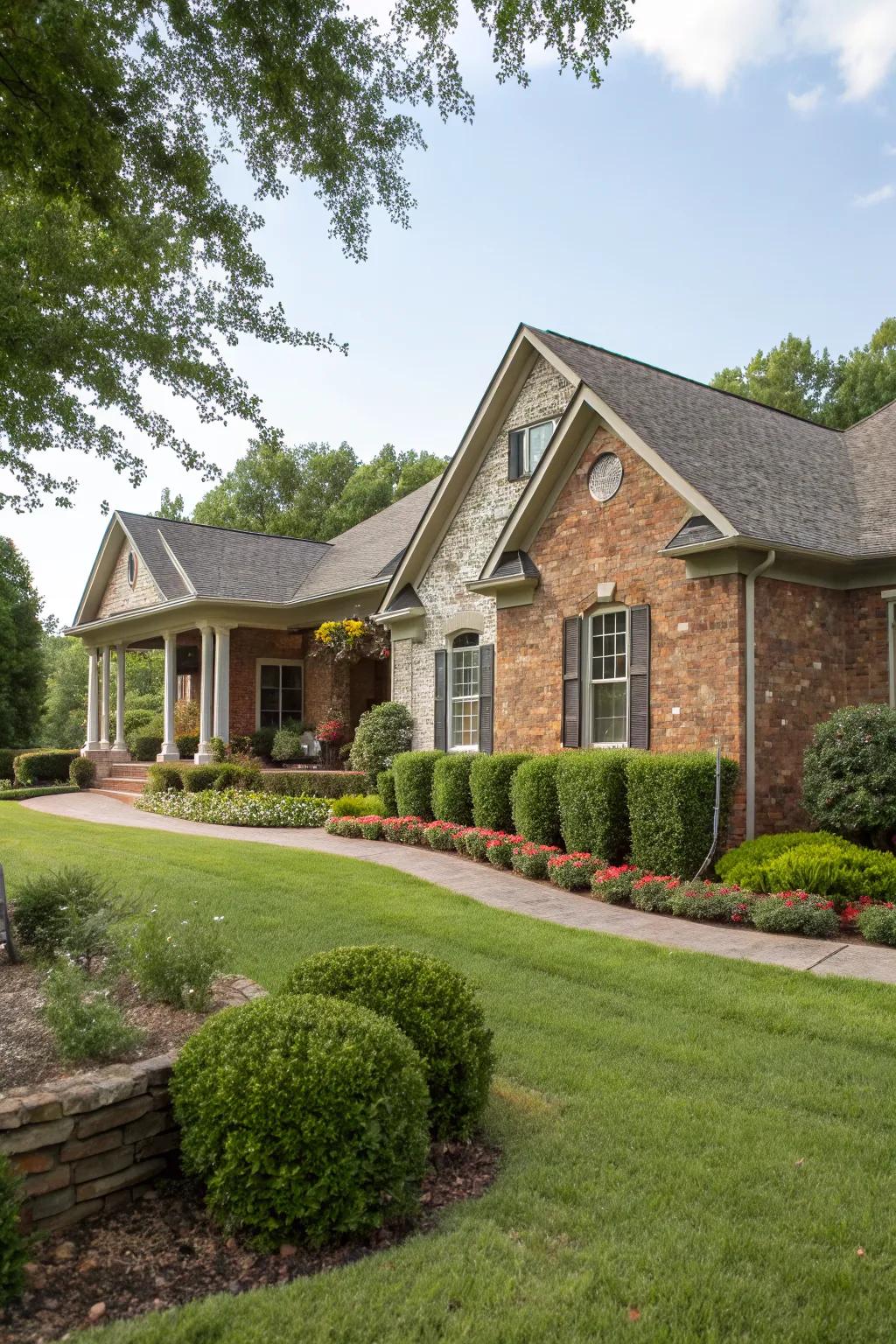 Stone elements complement brick beautifully, adding texture and depth.