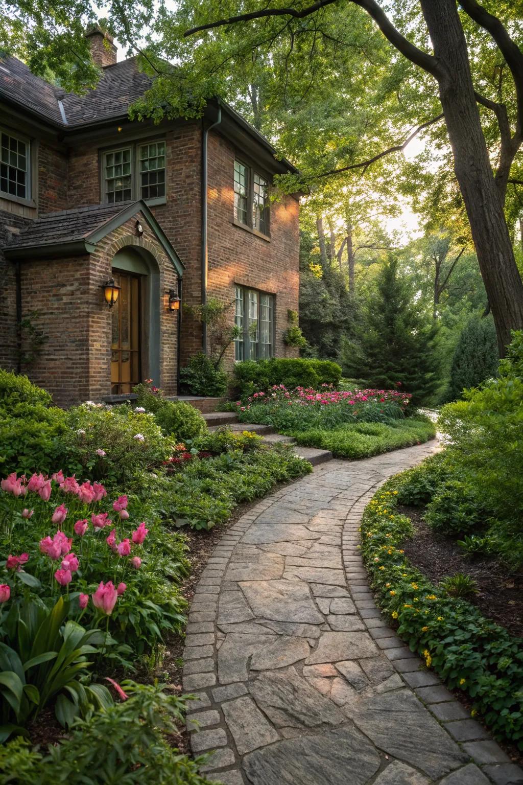 Stone pathways harmonize beautifully with brick architecture